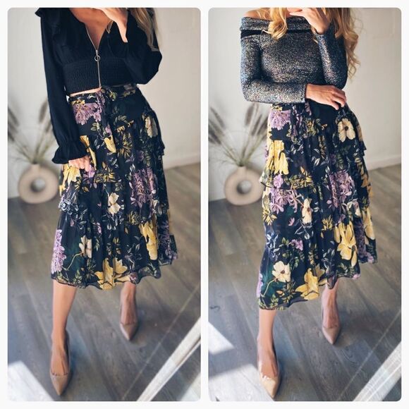 Mango Floral Print Layered Skirt Belted Frills - Picture 2 of 6